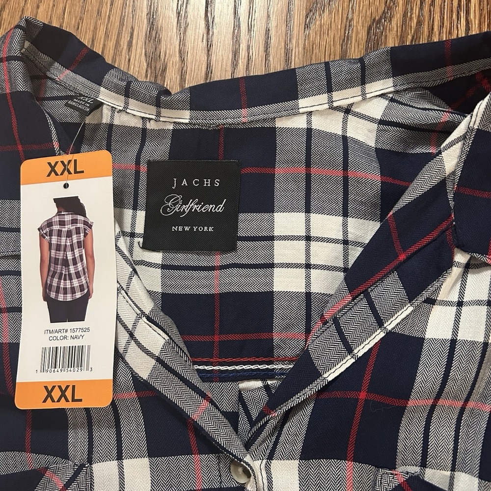 JACHS Girlfriend Women's Button Down Plaid Blouse Rayon White-Navy-Red size XXL